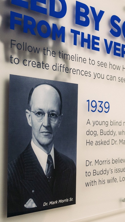 Hill's Pet Nutrition Centre'ın içindeki bir duvarda Hill's tarihinin zaman çizelgesi