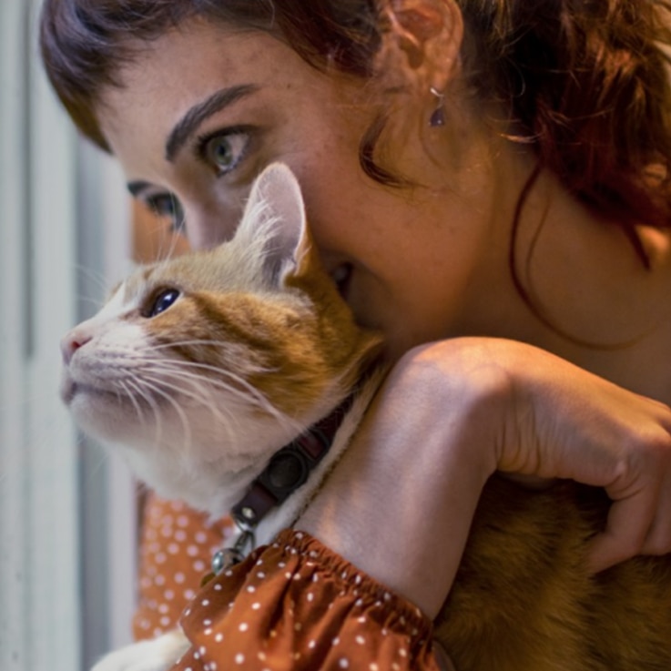 Woman in orange sweater holding a pet cat